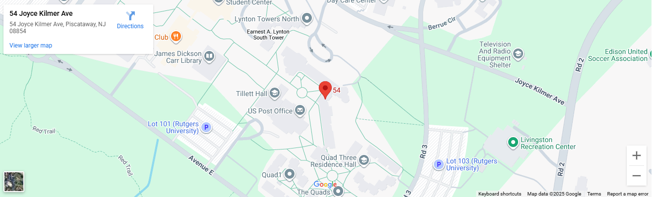 Main Office: 54 Joyce Kilmer Avenue, Lucy Stone Hall, A352-354, Piscataway, NJ 08854